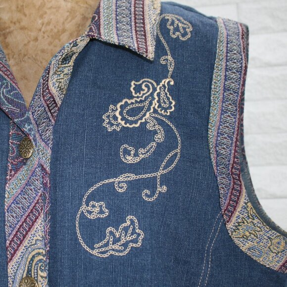 VINTAGE CITY BLUES Vest Denim Floral Paisley Embellished Coastal Cowgirl XLP - Picture 3 of 13